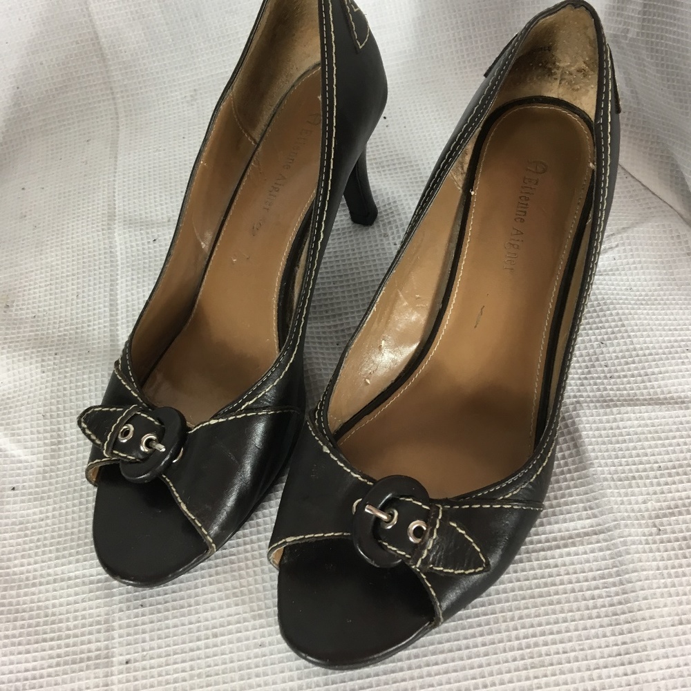 Etienne Aigner womens brown leather open toe heels